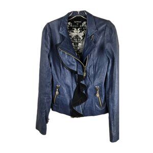 Royal Underground Leather Ruffle Moto Jacket BLUE SMALL Cool Zipper Pulls